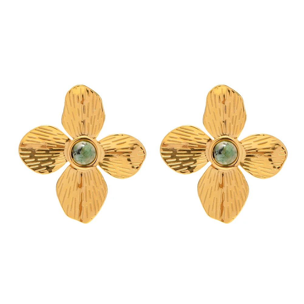 18k Green Stone Floral Stud Earrings