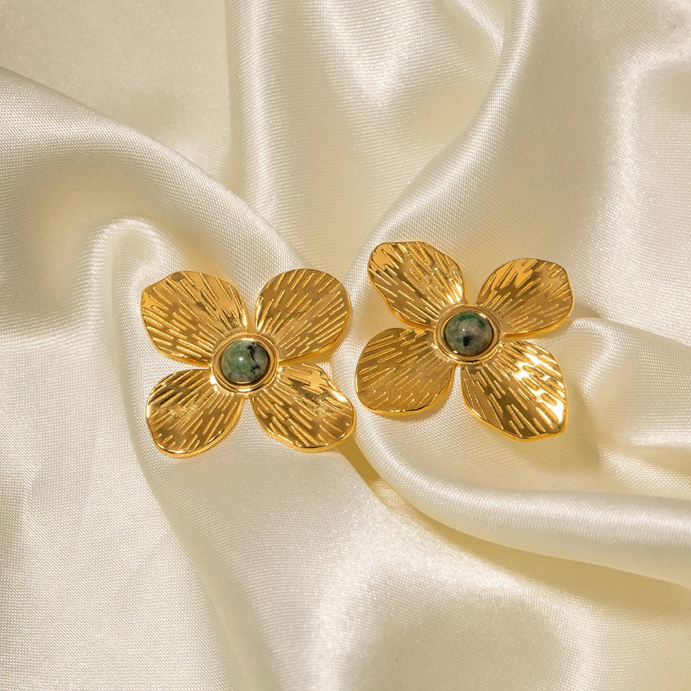 18k Green Stone Floral Stud Earrings