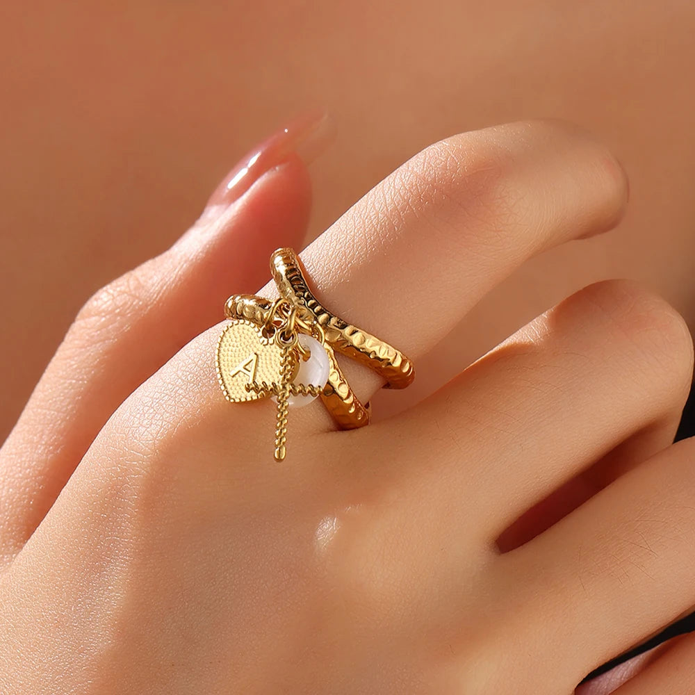 Dainty Cross & Heart Initial Ring