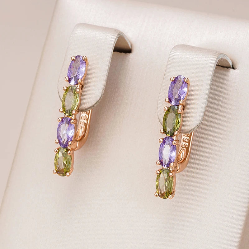 Elegant Purple & Green Diamond Stacked Earrings