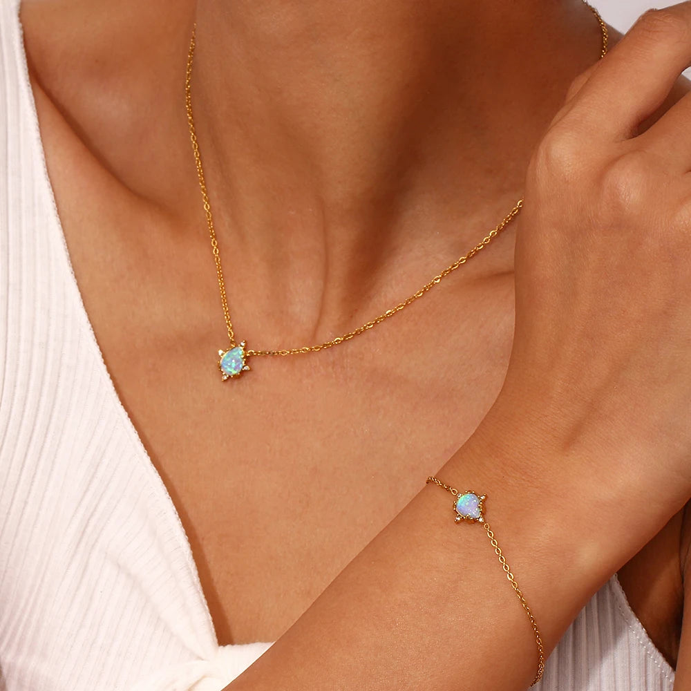 Dainty Iridescent Opal Necklace, Bracelet, Earrings