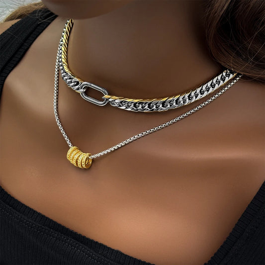 18k Luxe Two Tone Cuban Chain & Rope Disc Necklace