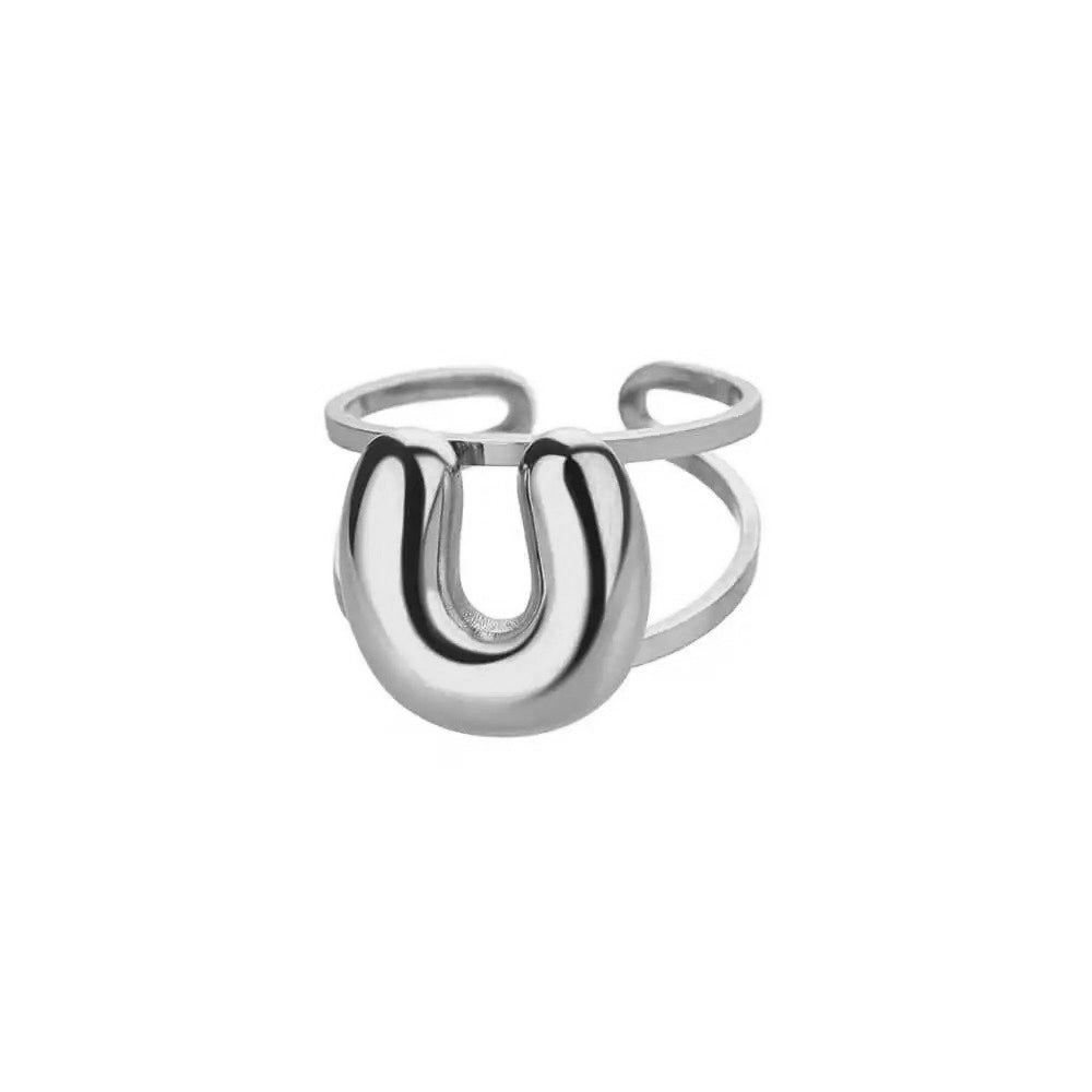 Adjustable Open Band Bubble Letter Initial Ring - Veinci