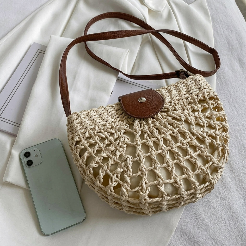 Elegant Rattan Straw Semi-Circle Bag