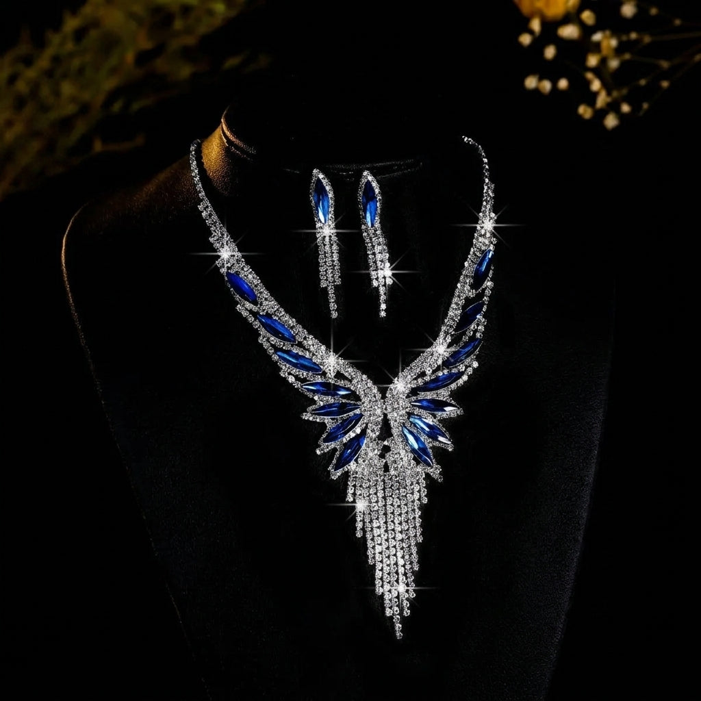 Elegant CZ Accented Wing Necklace & Earrings Set
