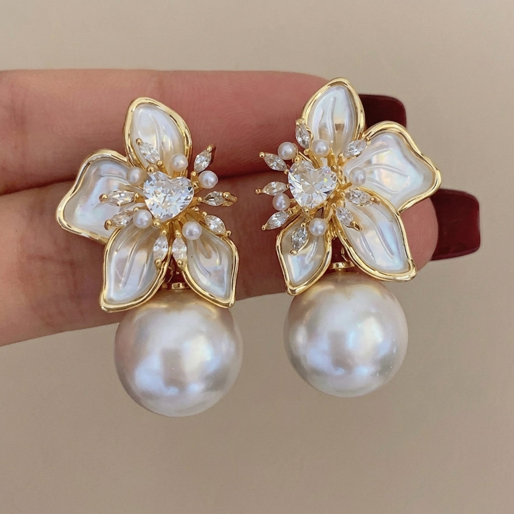 Elegant Heart Floral Pearl Earrings