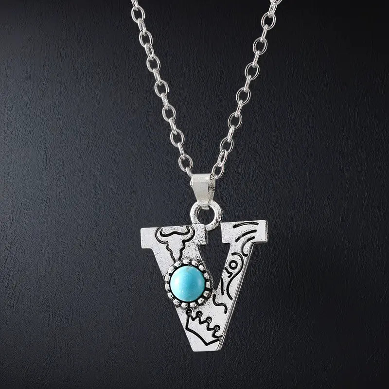 Boho Turquoise Accented Letter Initial Necklace