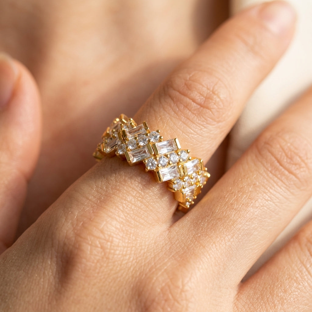 Geometric Baguette & Round CZ Accented Ring