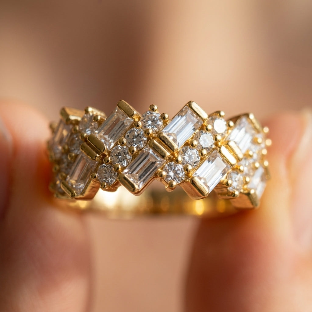 Geometric Baguette & Round CZ Accented Ring