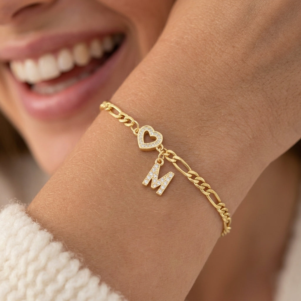 Heart & Letter Initial Figaro Chain Bracelet