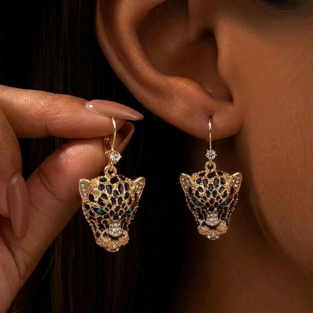 Leopard Head CZ Accented Drop Earrings