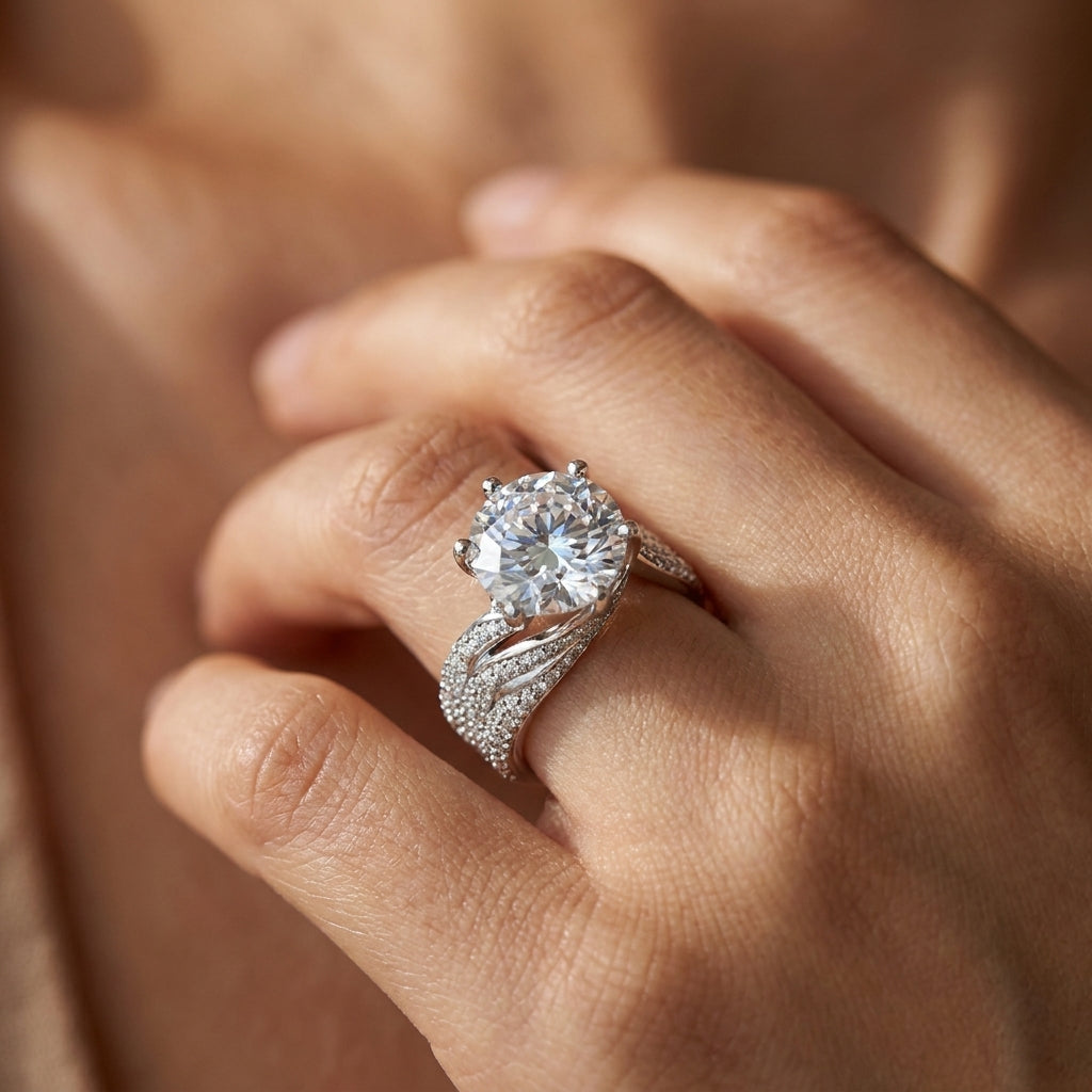 Elegant Wave Pave Shoulder Solitaire Ring