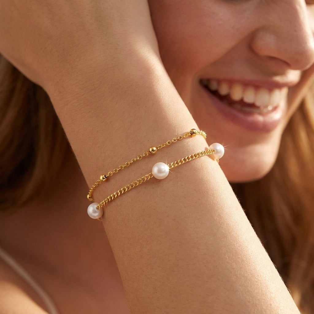 14k 2pc Dainty Pearl & Satellite Bracelet Stack