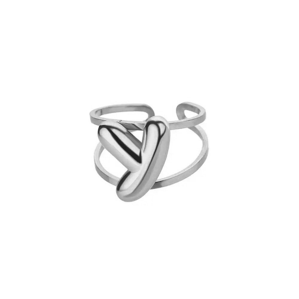 Adjustable Open Band Bubble Letter Initial Ring - Veinci