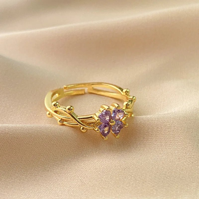 Adjustable Amethyst Violet Floral Ring - Veinci