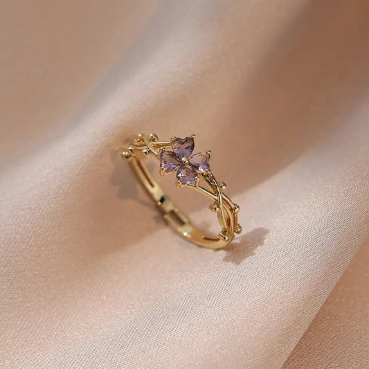 Adjustable Amethyst Violet Floral Ring - Veinci