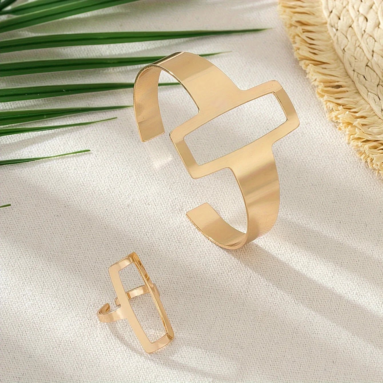 Adjustable Geometric Rectangle Bracelet and Ring Set - Veinci