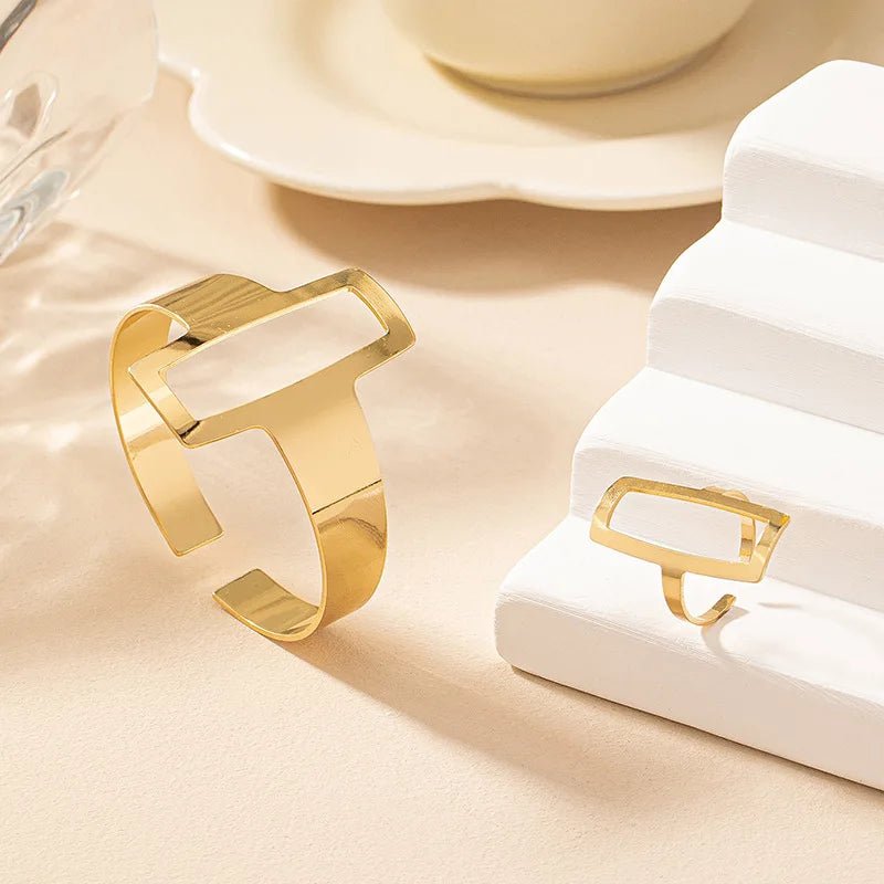 Adjustable Geometric Rectangle Bracelet and Ring Set - Veinci