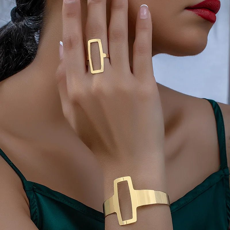 Adjustable Geometric Rectangle Bracelet and Ring Set - Veinci