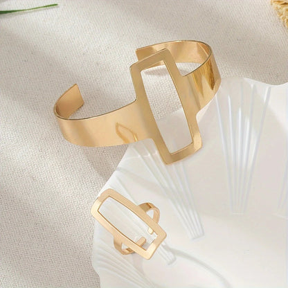 Adjustable Geometric Rectangle Bracelet and Ring Set - Veinci