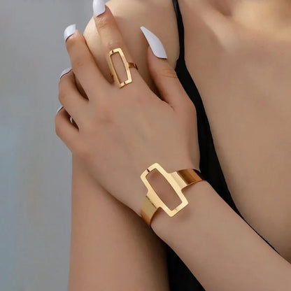 Adjustable Geometric Rectangle Bracelet and Ring Set - Veinci