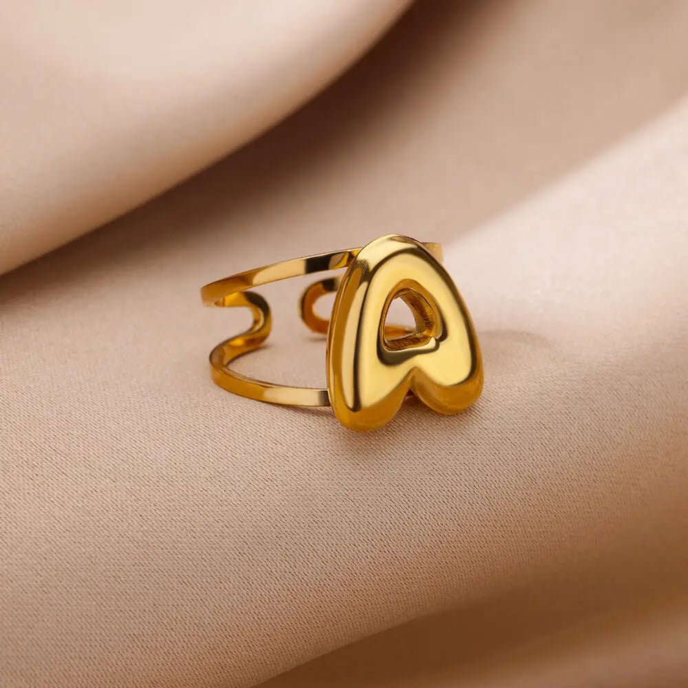 Adjustable Open Band Bubble Letter Initial Ring - Veinci