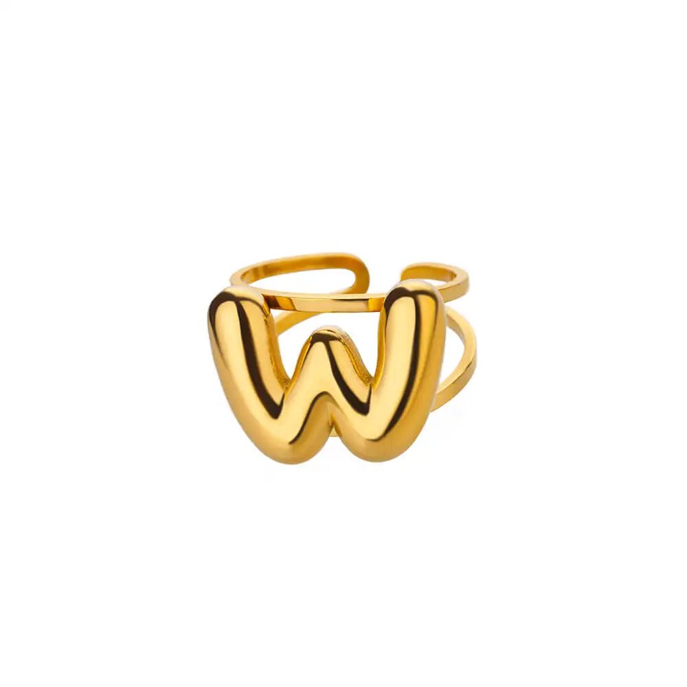 Adjustable Open Band Bubble Letter Initial Ring - Veinci