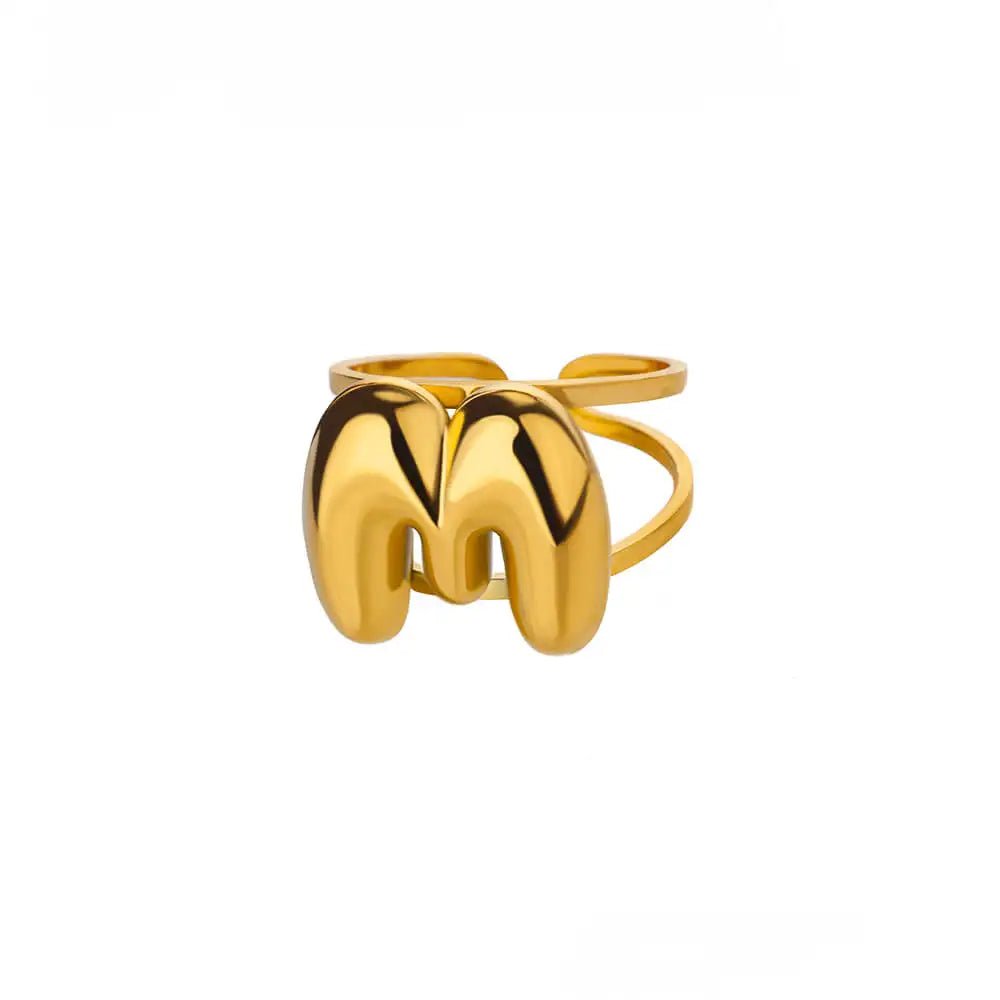 Adjustable Open Band Bubble Letter Initial Ring - Veinci