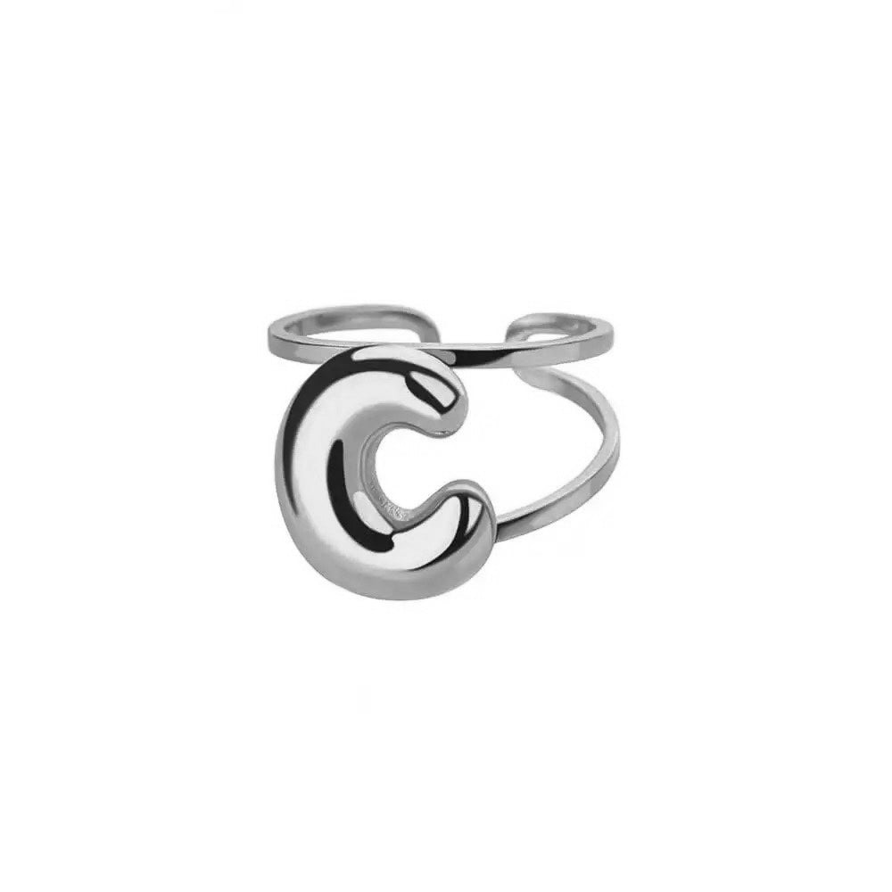 Adjustable Open Band Bubble Letter Initial Ring - Veinci