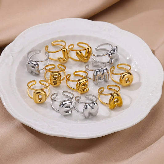 Adjustable Open Band Bubble Letter Initial Ring - Veinci