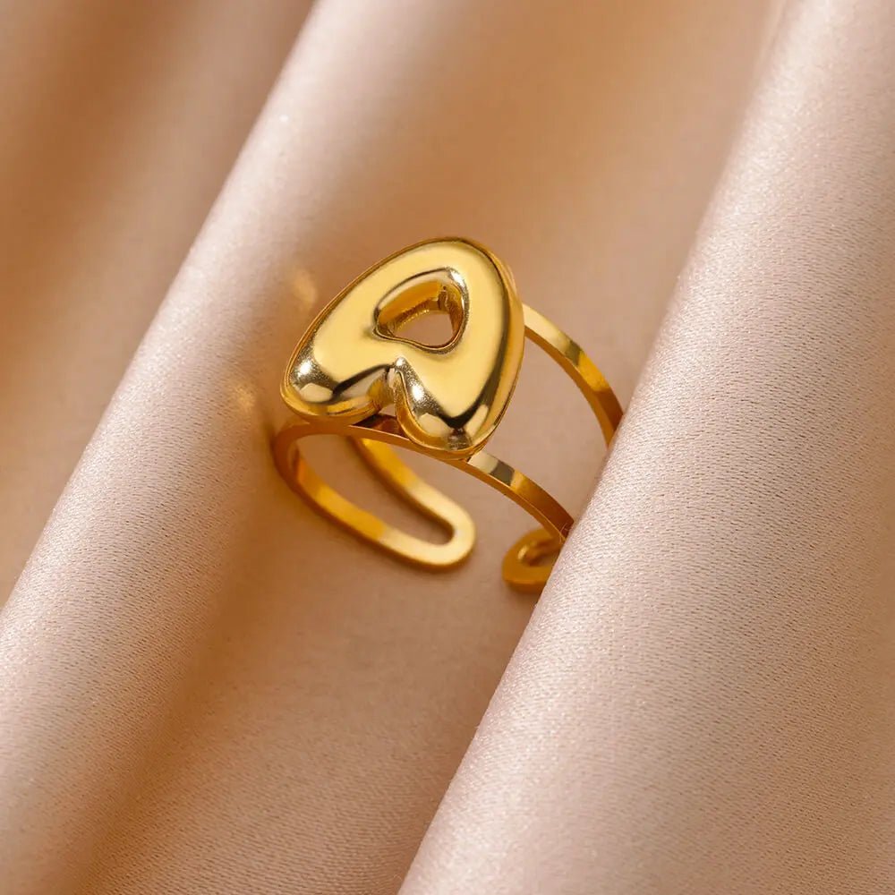 Adjustable Open Band Bubble Letter Initial Ring - Veinci