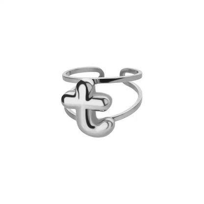 Adjustable Open Band Bubble Letter Initial Ring - Veinci