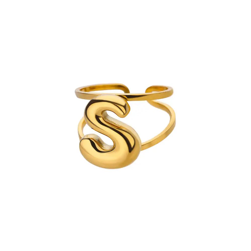 Adjustable Open Band Bubble Letter Initial Ring - Veinci