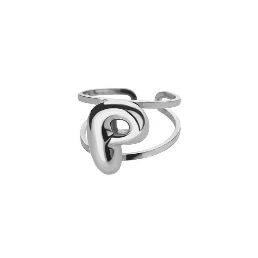 Adjustable Open Band Bubble Letter Initial Ring - Veinci