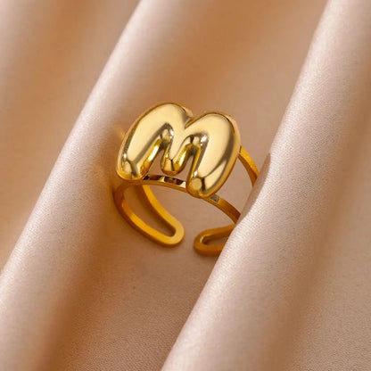 Adjustable Open Band Bubble Letter Initial Ring - Veinci