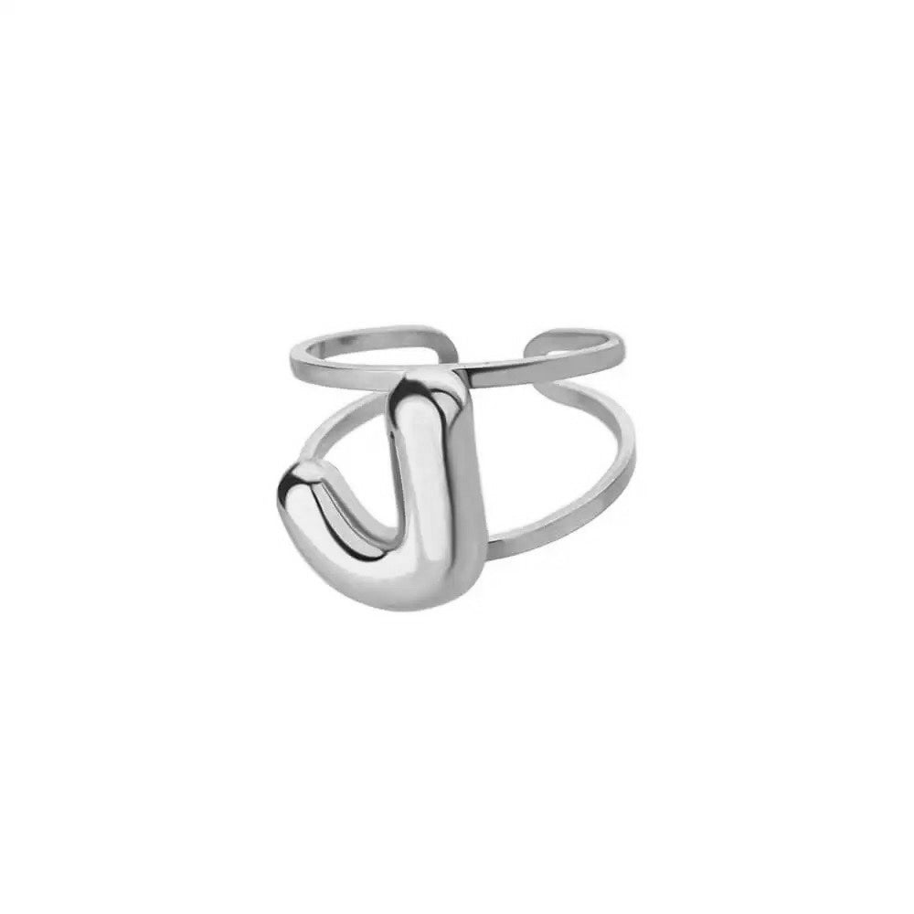 Adjustable Open Band Bubble Letter Initial Ring - Veinci