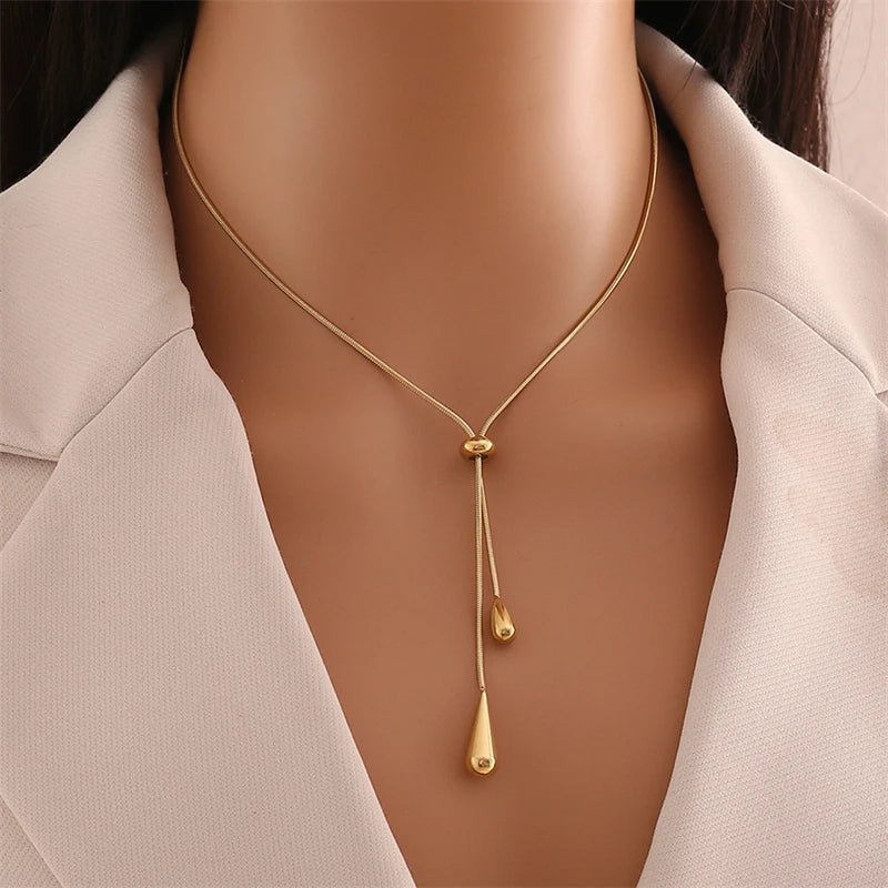 Adjustable Pull Droplet Lariat Necklace and Earrings - Veinci