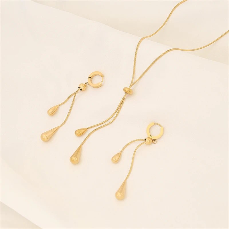 Adjustable Pull Droplet Lariat Necklace and Earrings - Veinci