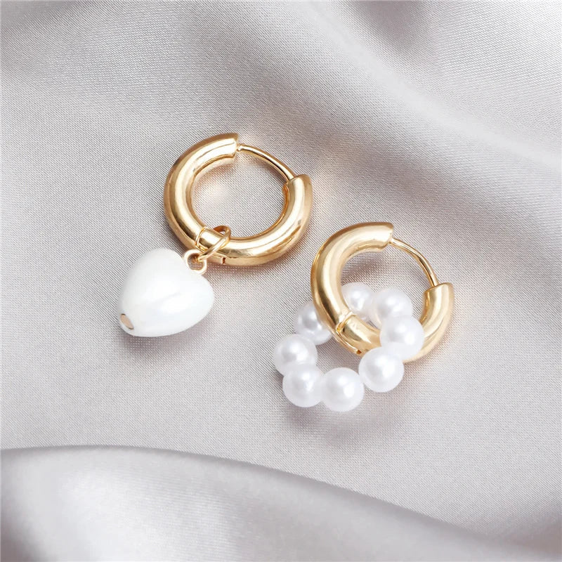 Asymmetrical Dainty Pearl Hoop Earrings - Veinci