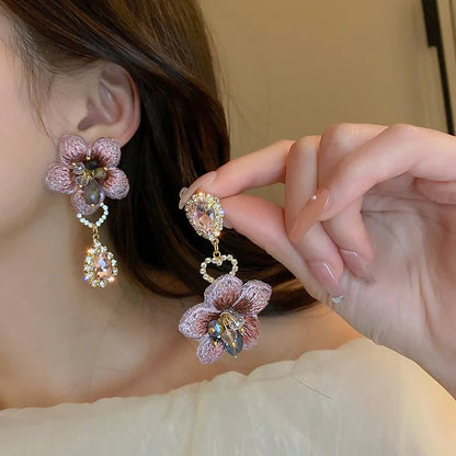 Asymmetrical Oriental Hibiscus Crystal Earrings - Veinci