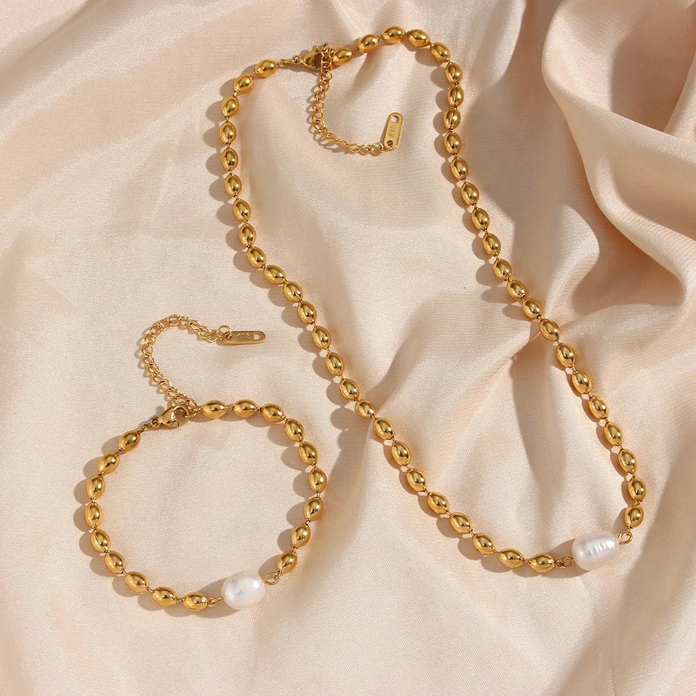 Beaded Gold Dainty Pearl Bracelet and Necklace - Veinci