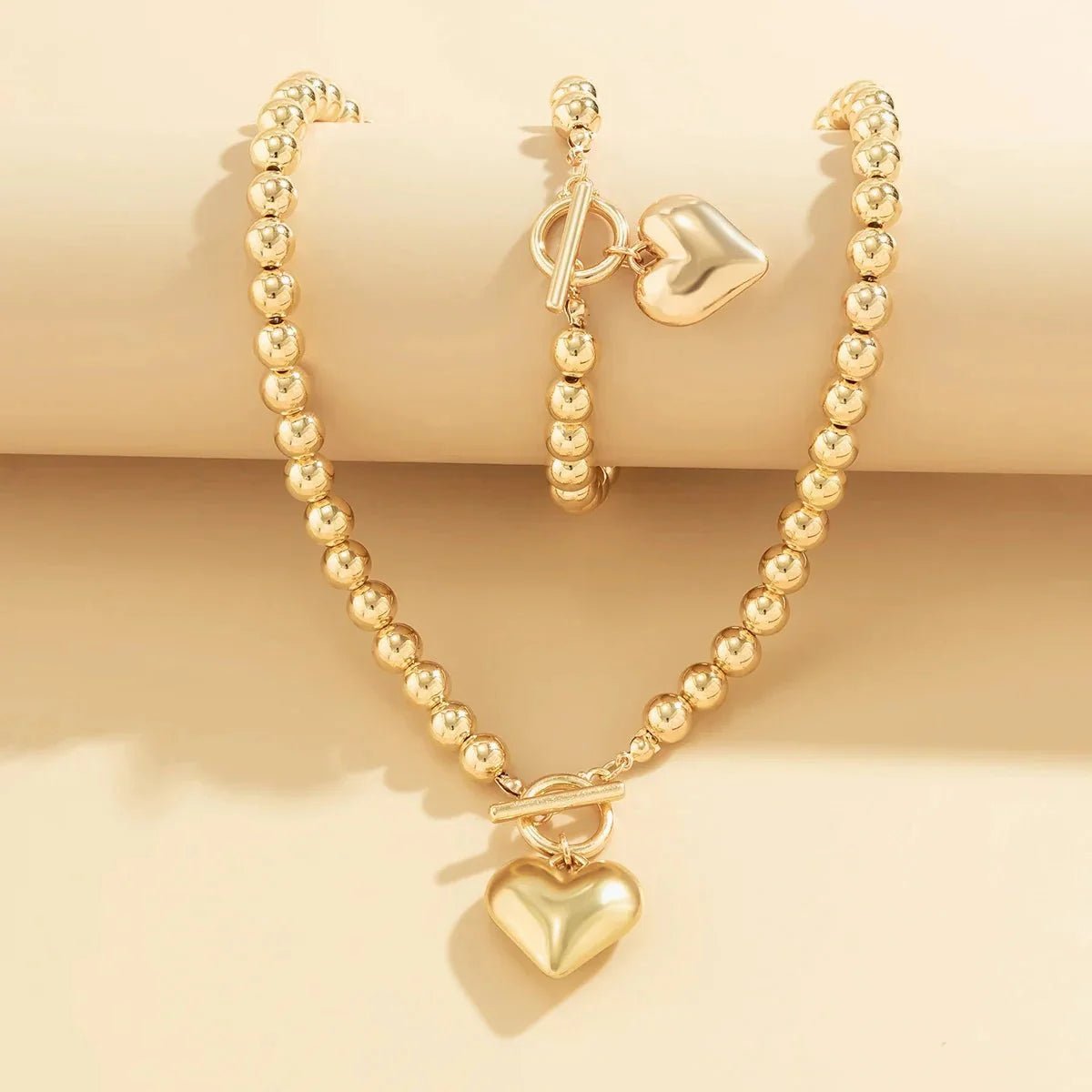 Beaded Heart Pendant Bracelet and Necklace Set - Veinci