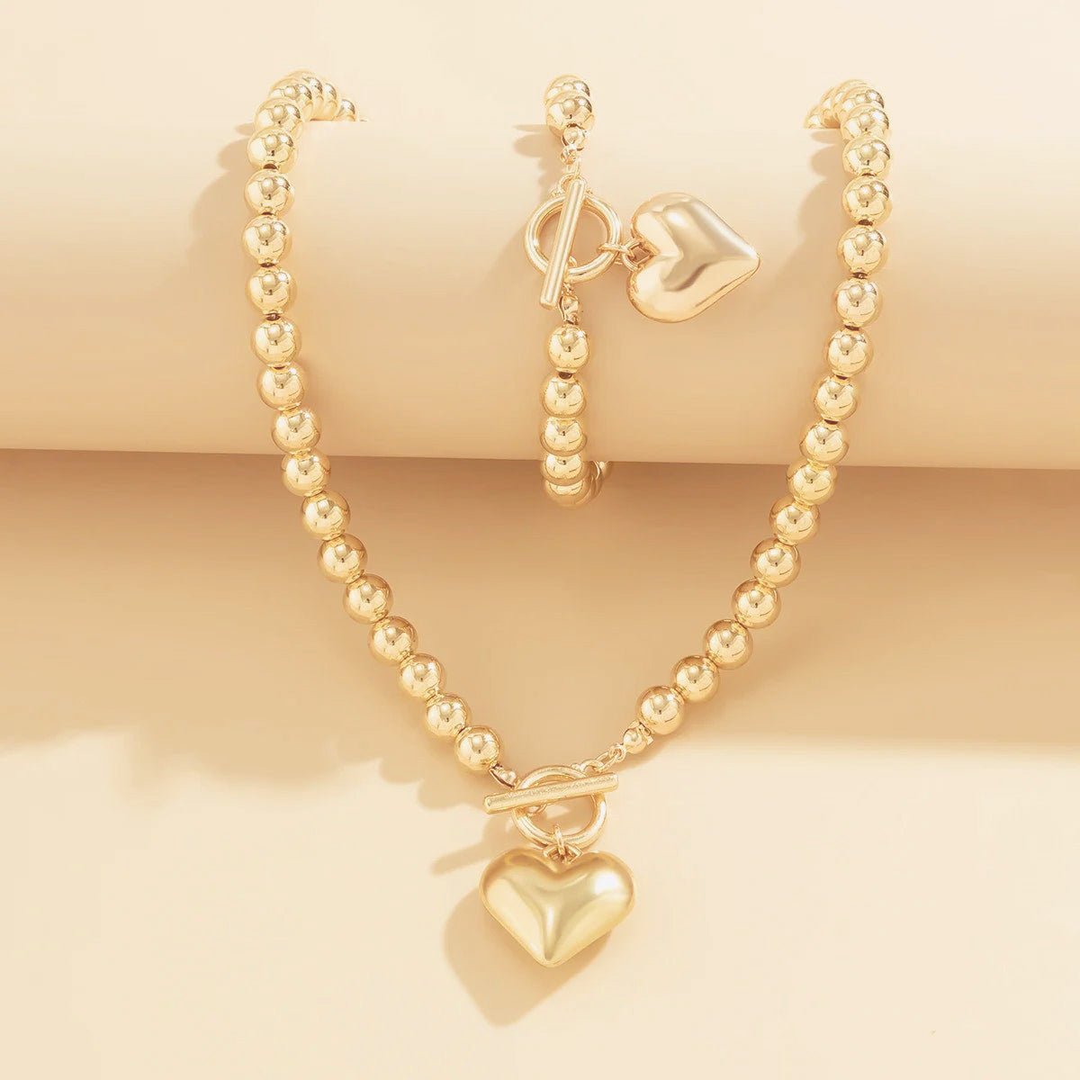 Beaded Heart Pendant Bracelet and Necklace Set - Veinci