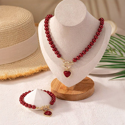 Beaded Heart Pendant Bracelet and Necklace Set - Veinci