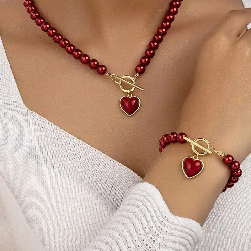 Beaded Heart Pendant Bracelet and Necklace Set - Veinci