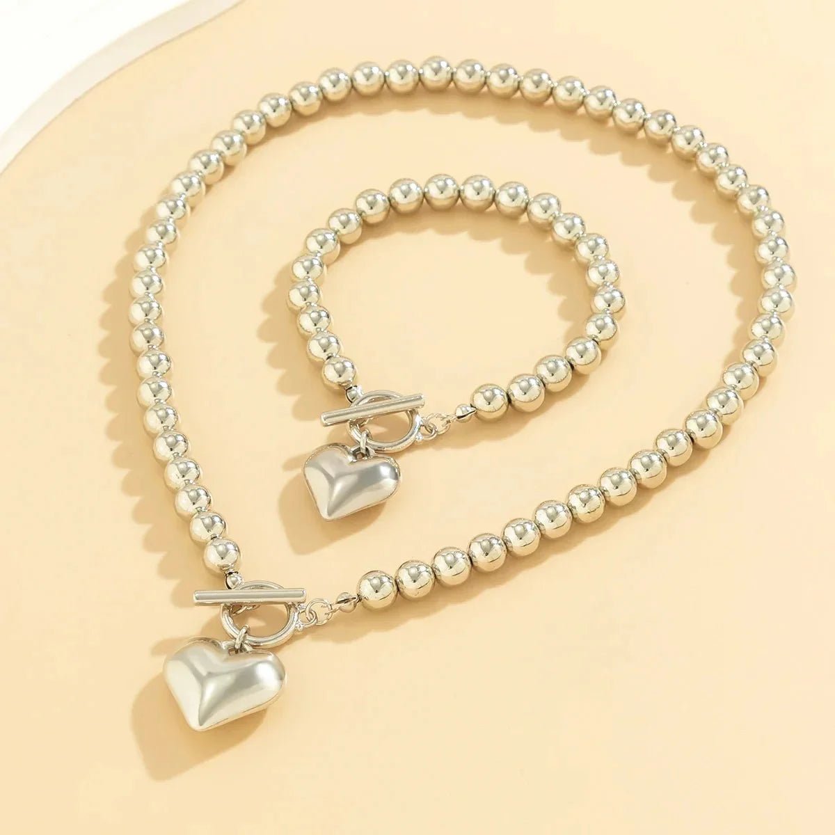 Beaded Heart Pendant Bracelet and Necklace Set - Veinci