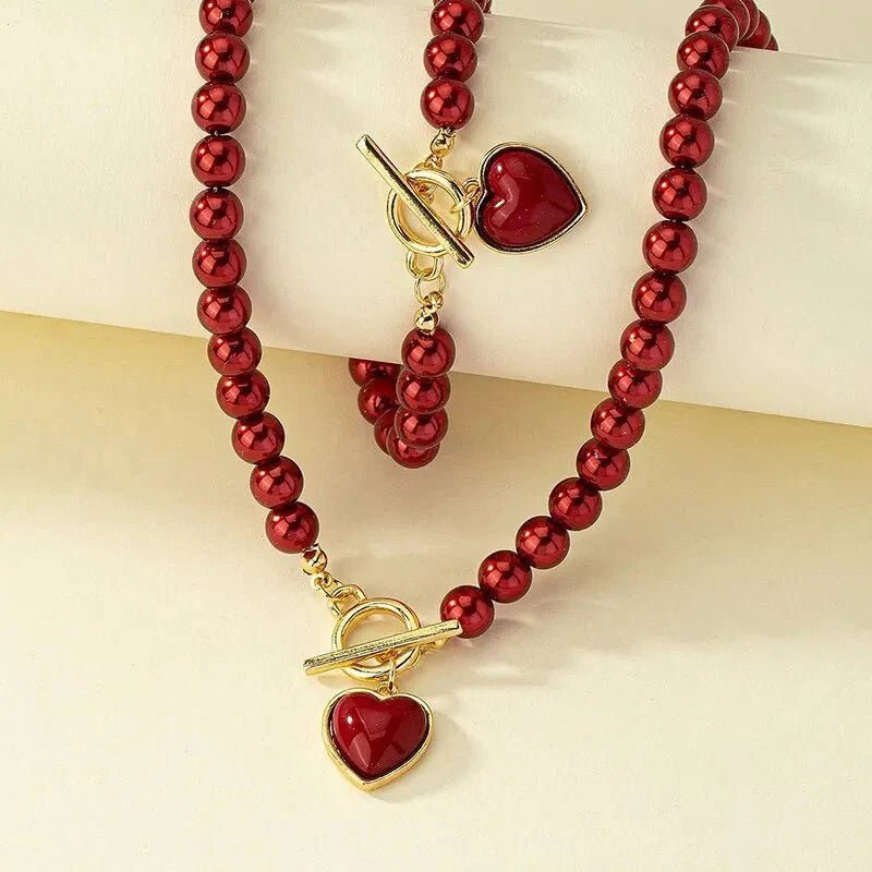 Beaded Heart Pendant Bracelet and Necklace Set - Veinci