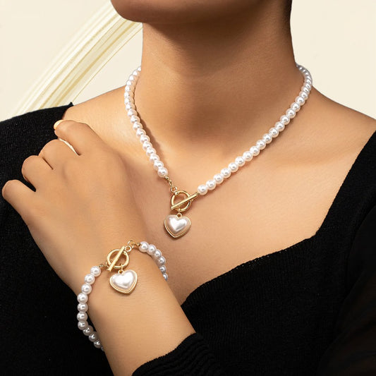 Beaded Heart Pendant Bracelet and Necklace Set - Veinci