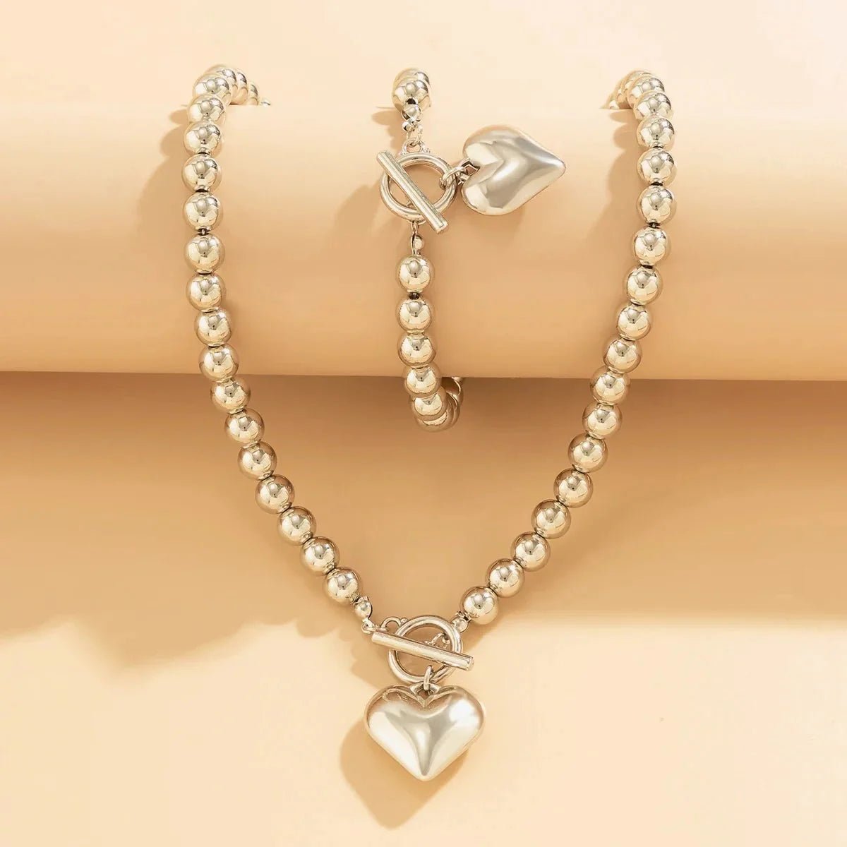 Beaded Heart Pendant Bracelet and Necklace Set - Veinci