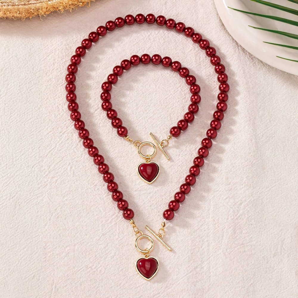 Beaded Heart Pendant Bracelet and Necklace Set - Veinci